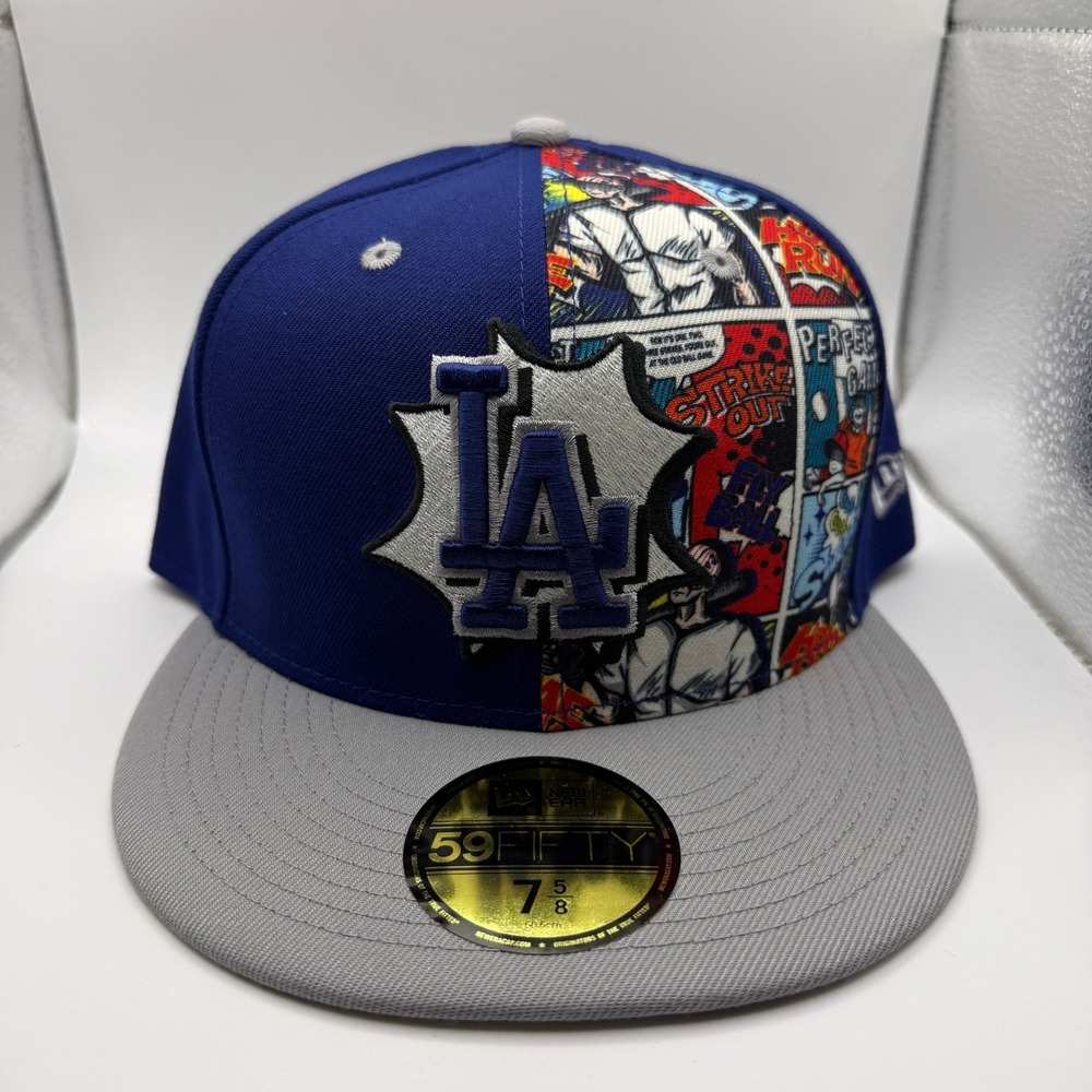 New Era 59FIFTY Los Angeles Dodgers Comic Print Fitted Hat 7 5/8 Blue Grey